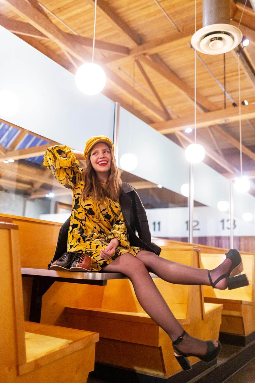 Printed Dress, Leather Jacket, and Platform Heels with Beret Printed Dress, Leather Jacket, and Platform Heels with Beret — Winter to Spring Transition Outfits