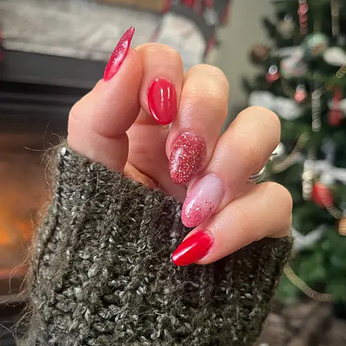 Red Pink White Gradient Glitter Stiletto — Winter Dip Powder Nails