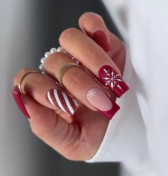 Festive Deep Red Candy Cane and Snowflake Nails Festive Deep Red Candy Cane and Snowflake Nails — Cute Winter Nails