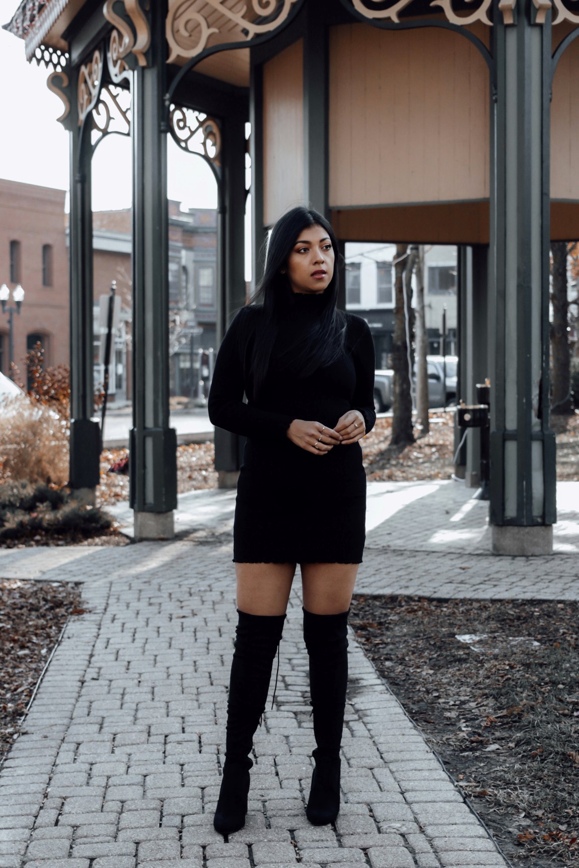Monochromatic Black Suede Over-the-Knee Boots with Turtleneck Dress Monochromatic Black Suede Over-the-Knee Boots with Turtleneck Dress — Suede Boots Outfits