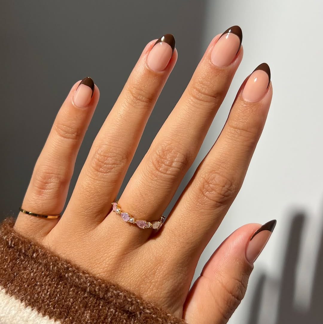 Sheer Nude Dark Brown French Almonds Sheer Nude Dark Brown French Almonds — Almond Nail Inspo