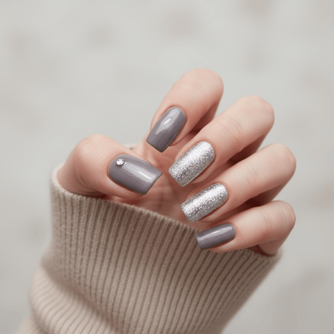 Grey Glossy Glitter Rhinestone Nails — Winter Gel Nails