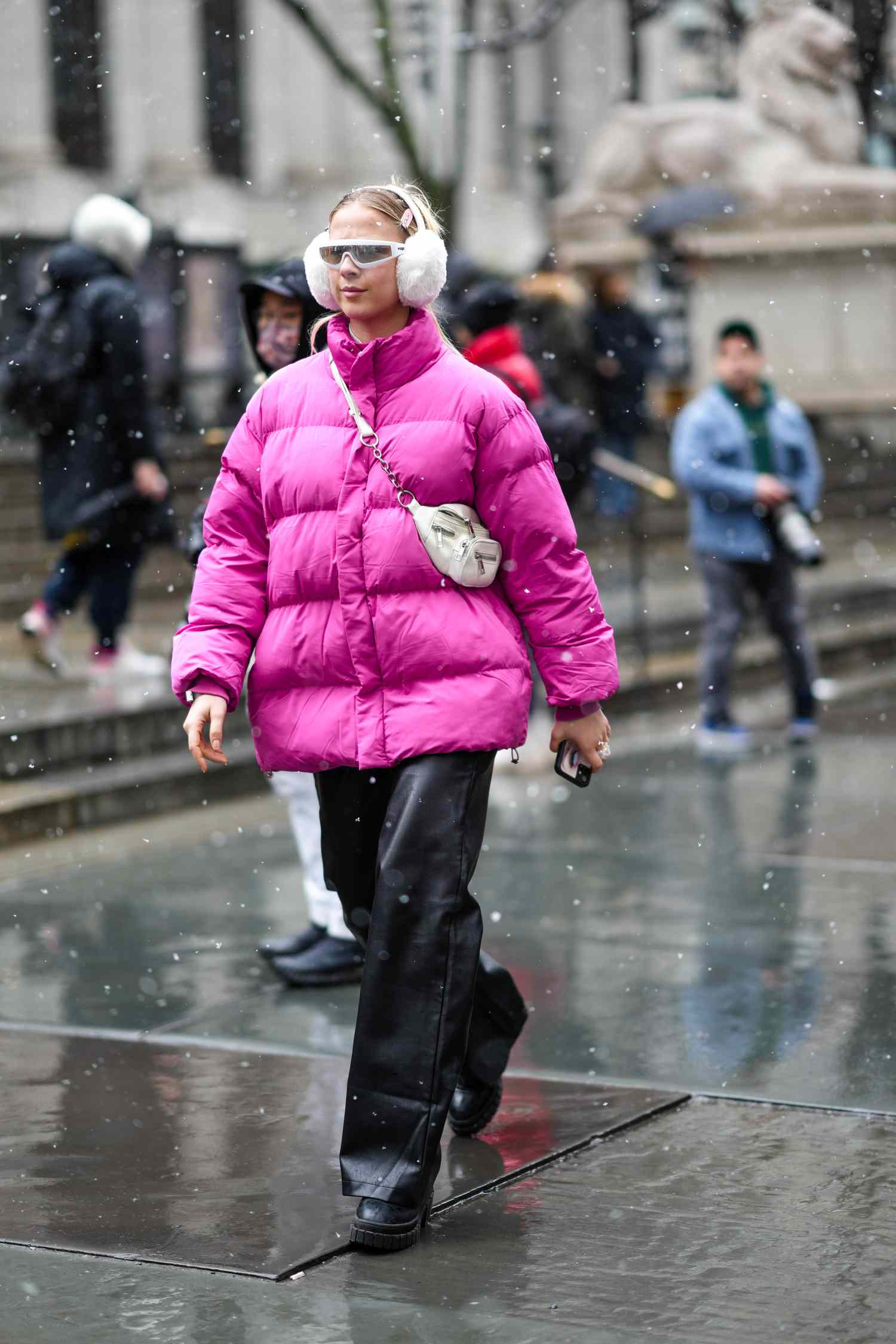 Bright Puffer Jacket with Faux Leather Pants Bright Puffer Jacket with Faux Leather Pants — Winter Outfits for Warm Weather