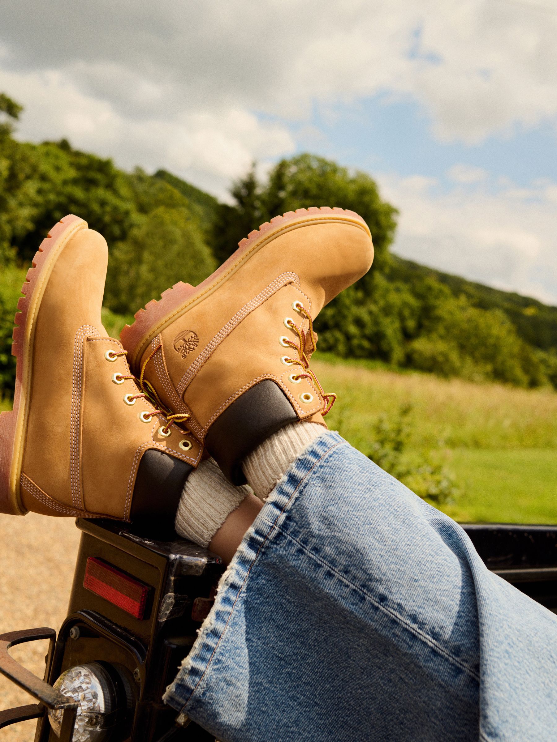 Texture Play: Close-Up on Tan Timberlands and Denim — Timberland Boots Outfits