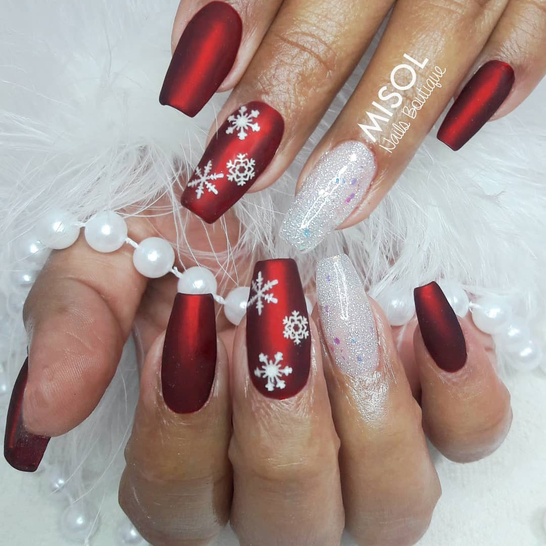 Matte Deep Red Glitter Snowflake Coffin Nails Matte Deep Red Glitter Snowflake Coffin Nails — Snowflake Nails