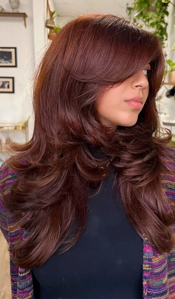 Collarbone Layered Mahogany Waves — Winter Hair Colors for Women Over 40