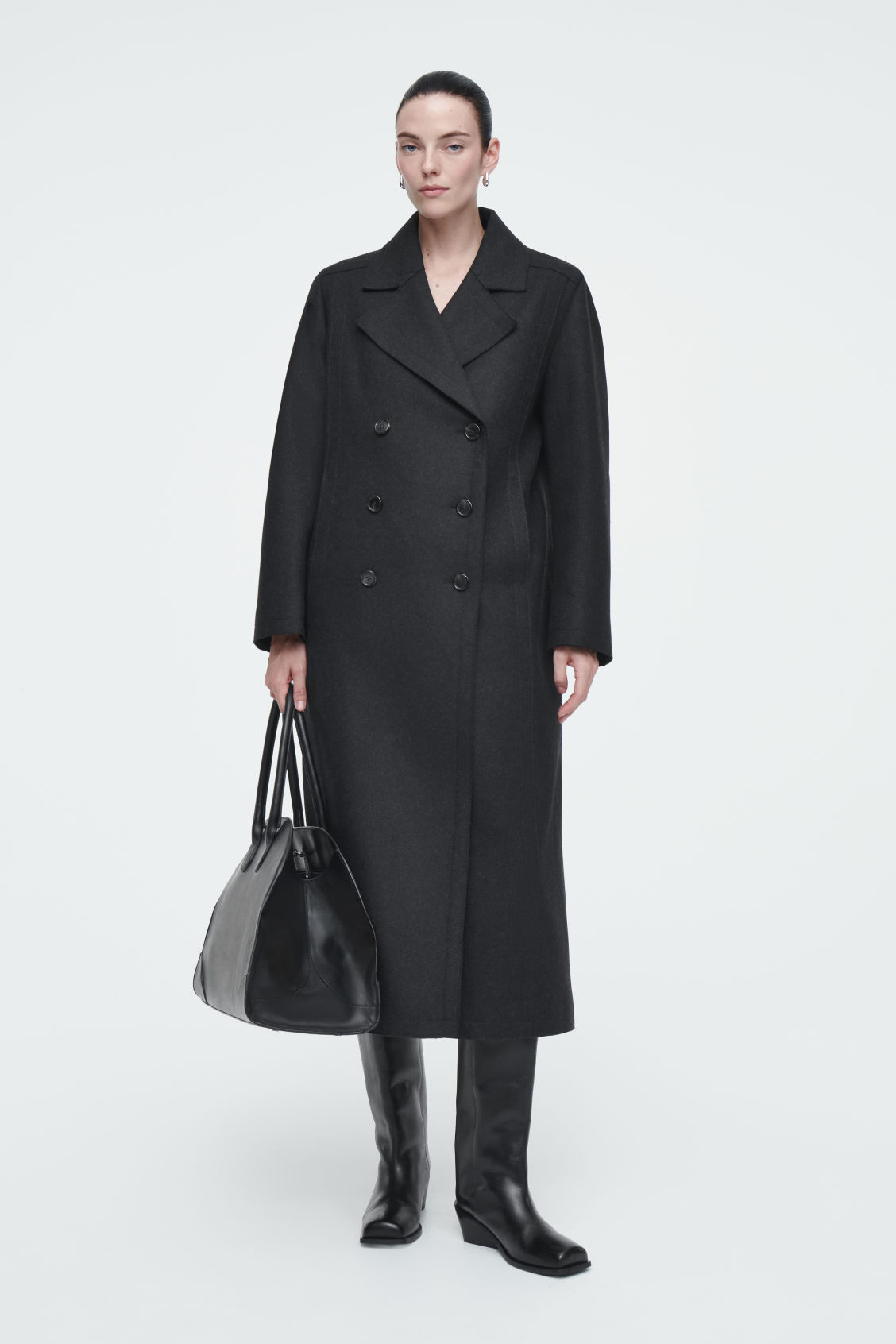 Textured Black Peacoat with Gold Buttons and Knee-High Boots — Peacoat Outfits