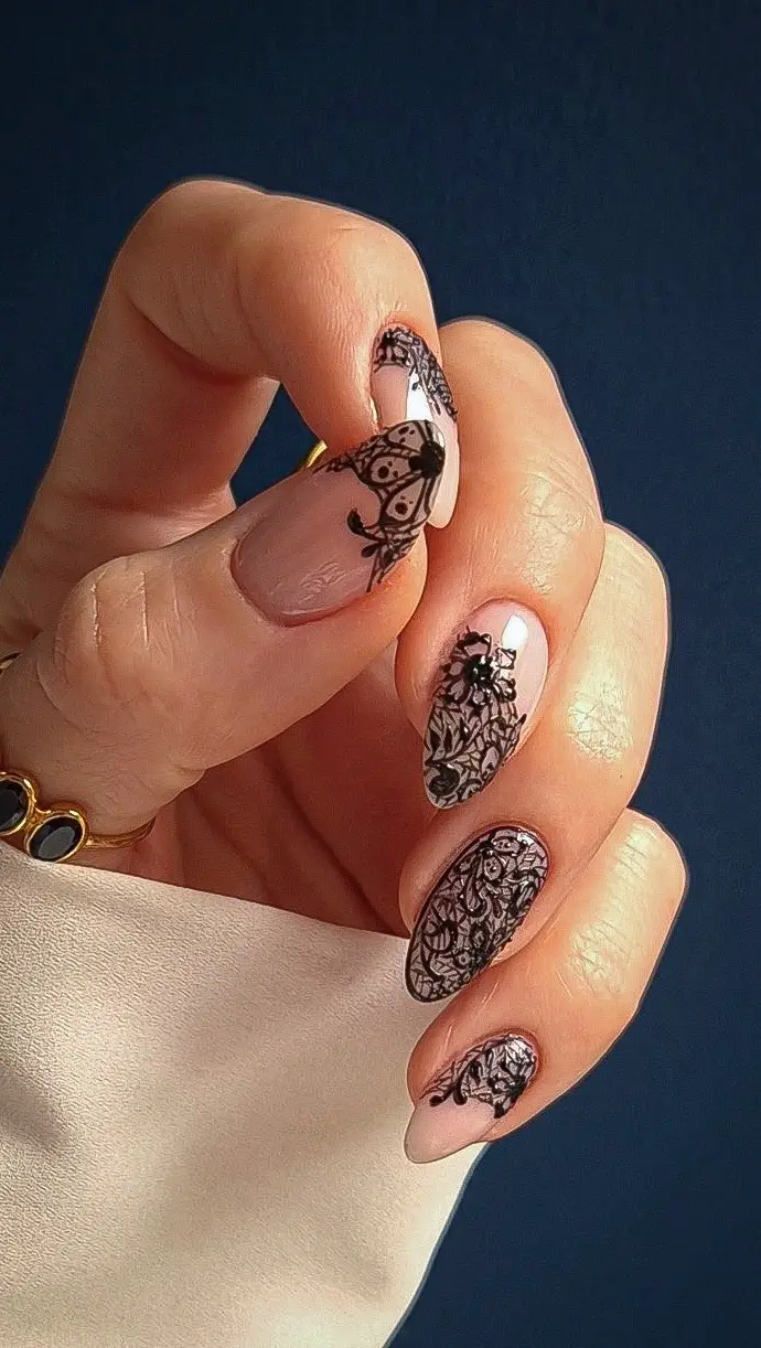 Black Lace Accent Almond Nails — Lace Nails