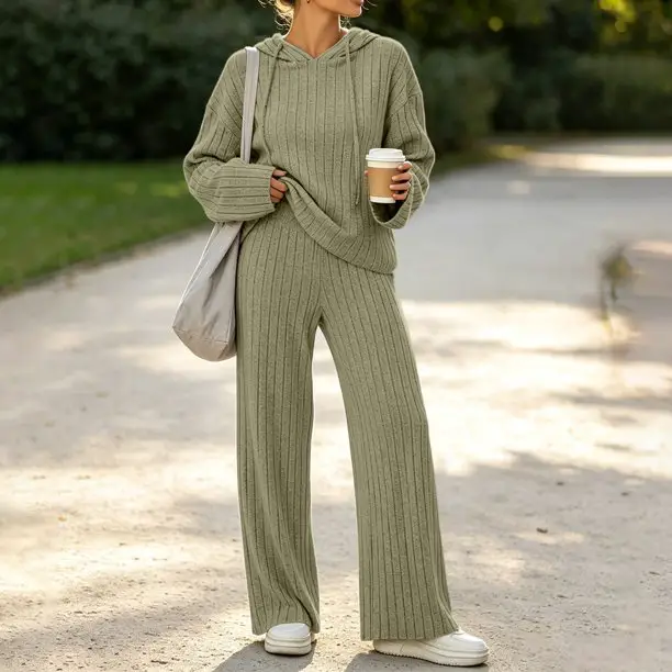 Olive Green Hooded Ribbed Knit Set for Loungewear Olive Green Hooded Ribbed Knit Set for Loungewear — Knit Set Outfits