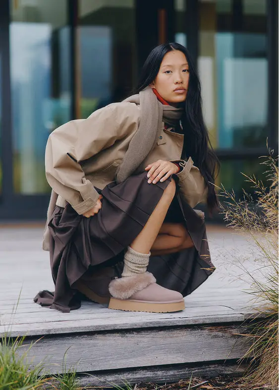Playful Contrast: Pink Platform Uggs with Trench Coat and Skirt Playful Contrast: Pink Platform Uggs with Trench Coat and Skirt — Ugg Slippers Outfits