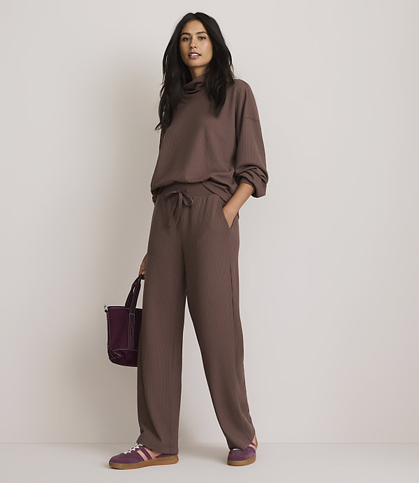 Deep Brown Ribbed Knit Cowl Neck Loungewear Set with Purple Accents Deep Brown Ribbed Knit Cowl Neck Loungewear Set with Purple Accents — Loungewear Outfits