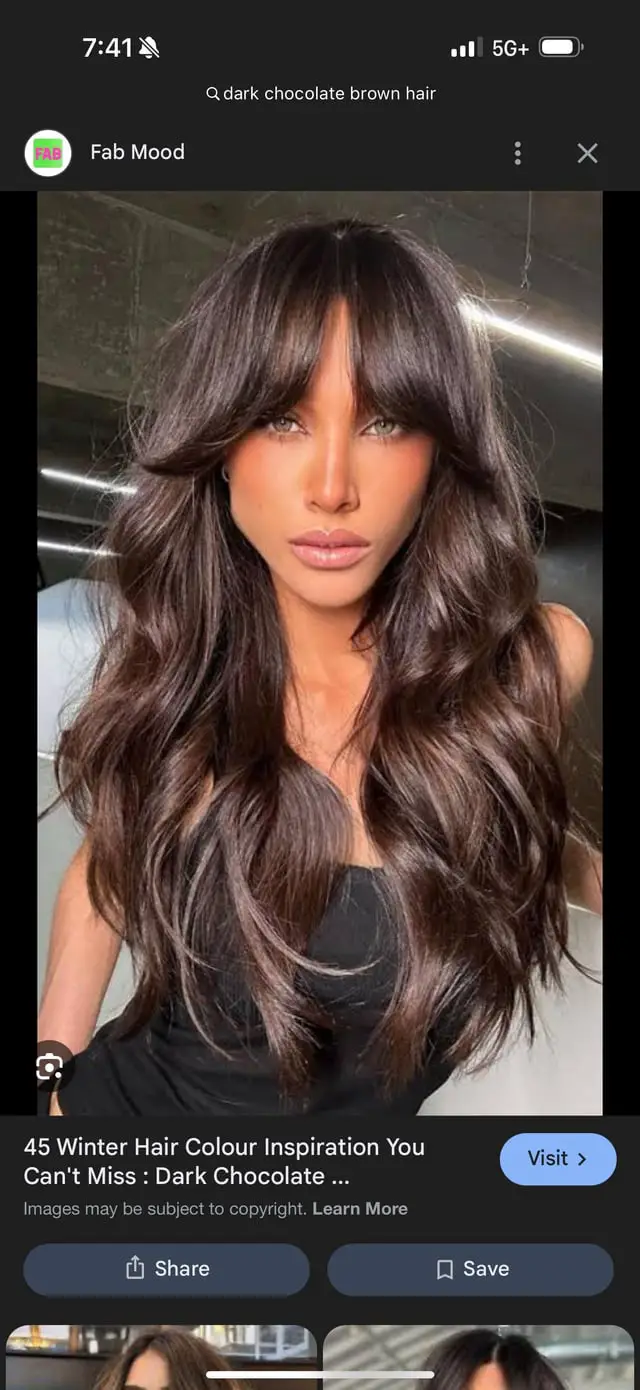 Mid-Back Voluminous Blowout With Full Bangs — Dark Chocolate Brown Hair