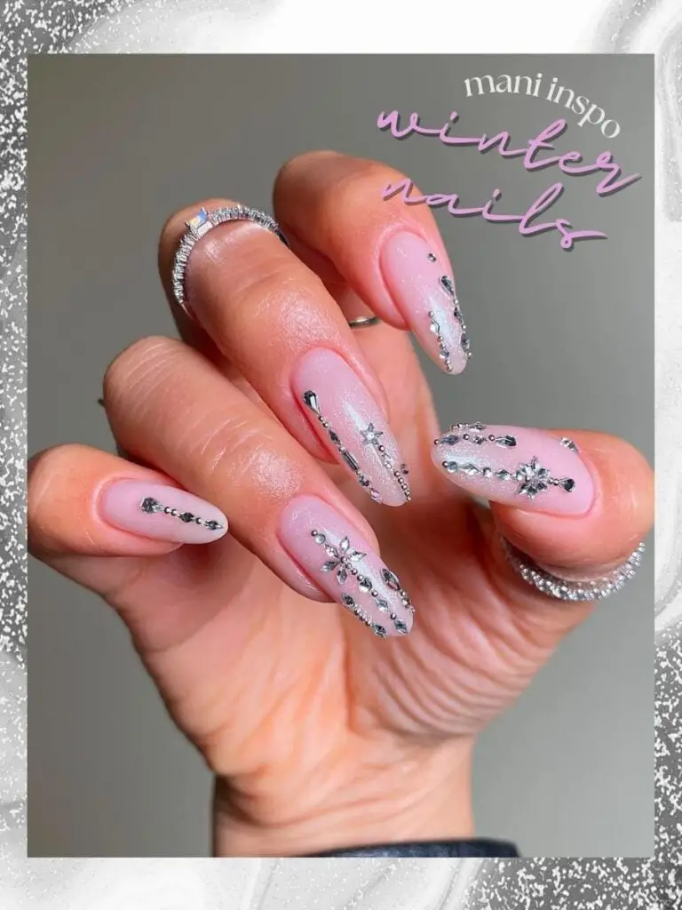 Sheer Pink Glitter with Rhinestone Embellishments Sheer Pink Glitter with Rhinestone Embellishments — Winter Acrylic Nail Colors