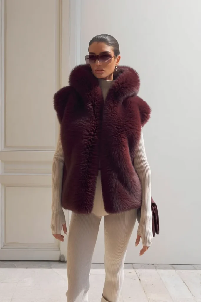 Burgundy Faux Fur Vest Over Cream Knit Burgundy Faux Fur Vest Over Cream Knit — Deep Winter Outfits