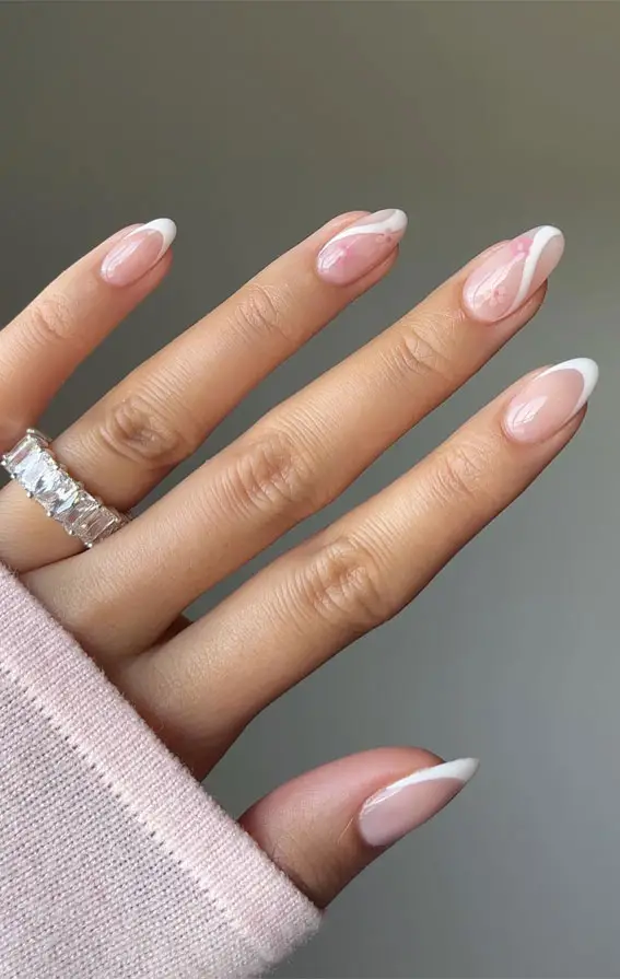 Medium Oval French Tips with Lines — Simple Nail Designs