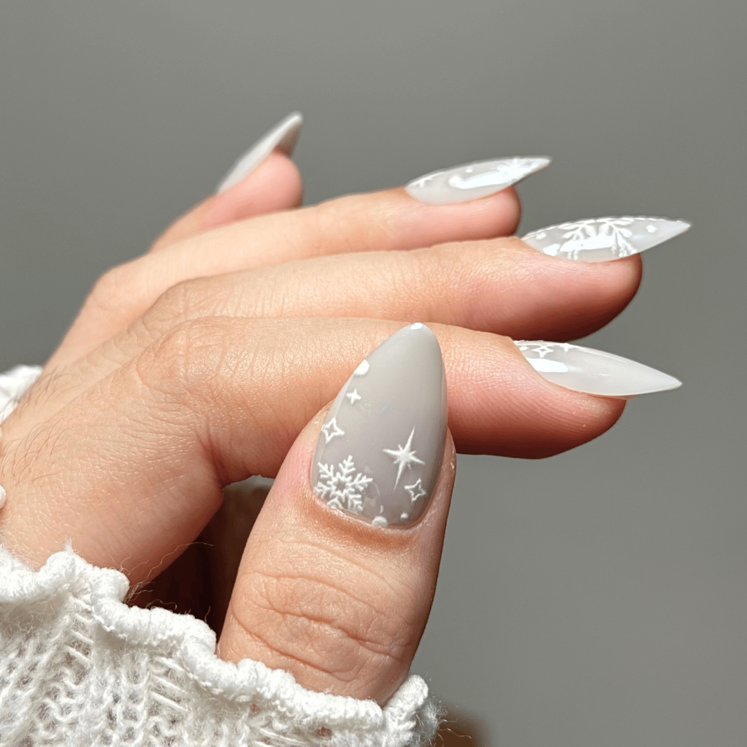 Light Grey Matte Snowflake Stilettos Light Grey Matte Snowflake Stilettos — Short Winter Almond Nails