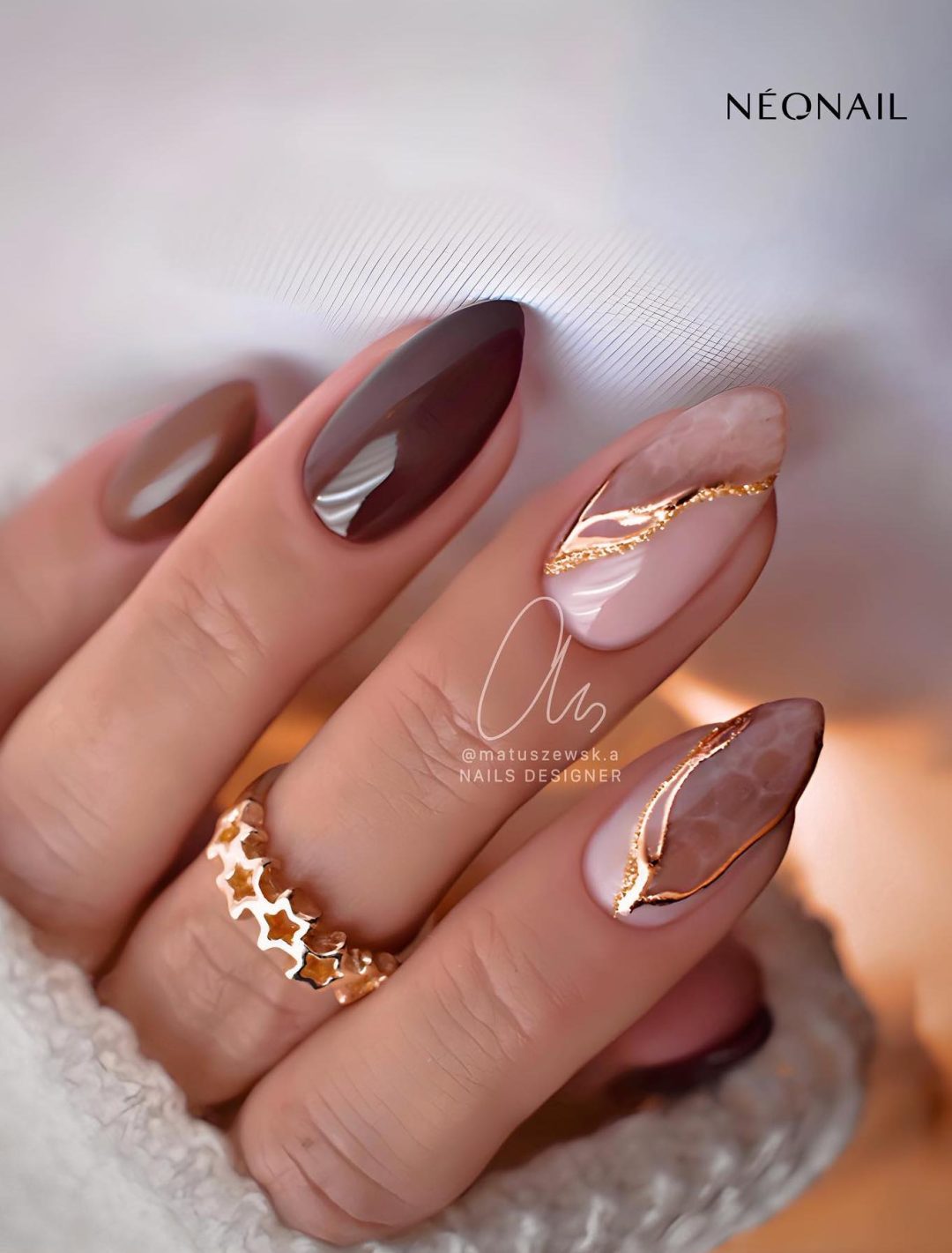 Nude Marble with Gold Foil Almonds — Brown Nail Designs
