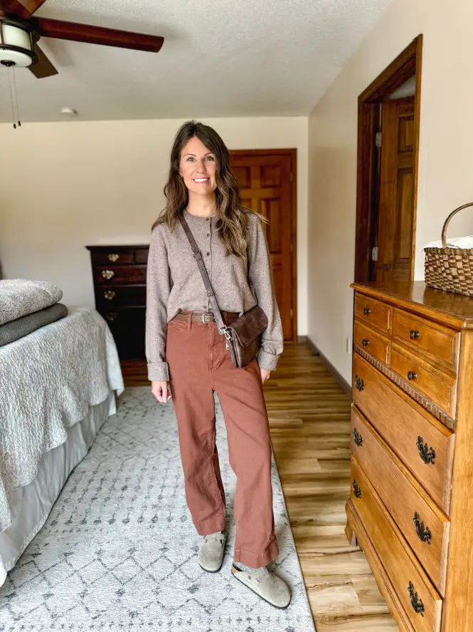 Brown Cardigan and Shirt with Rust Corduroy Pants Brown Cardigan and Shirt with Rust Corduroy Pants — Winter Teacher Outfits