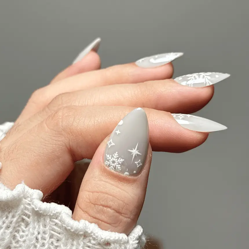 Matte Grey with 3D Snowflake Art Matte Grey with 3D Snowflake Art — Winter Almond Nails