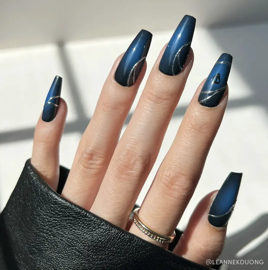 Burgundy Silver Line Charm Nails Burgundy Silver Line Charm Nails — Winter Coffin Nails