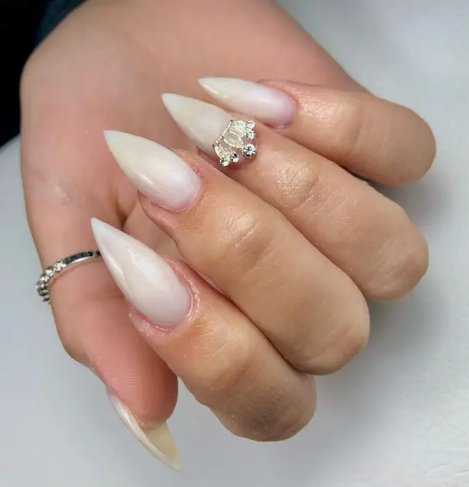 Small Rhinestone On One Nail Visual Idea — Milky White Nails
