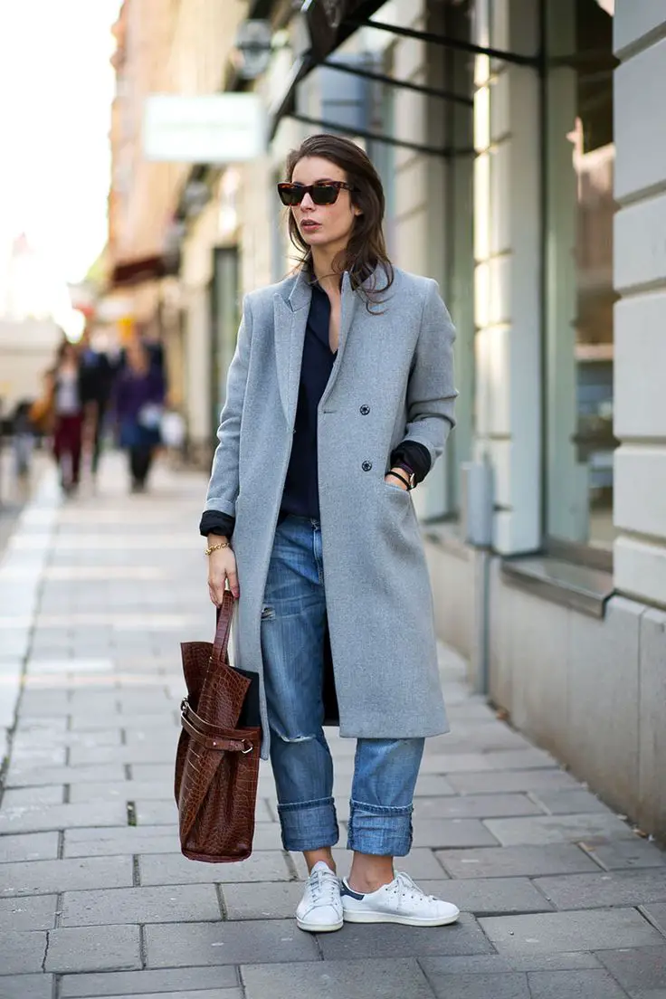 Relaxed Wool Coat Over Striped Shirt and Jeans — Scandinavian Winter Outfits