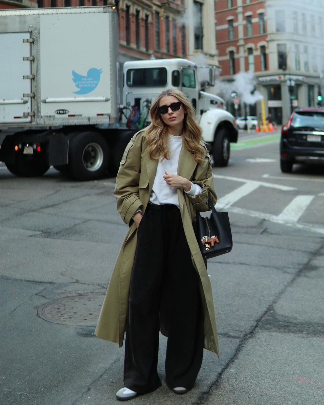 Khaki Trench Coat with Wide-Leg Black Pants — Car Coat Outfits