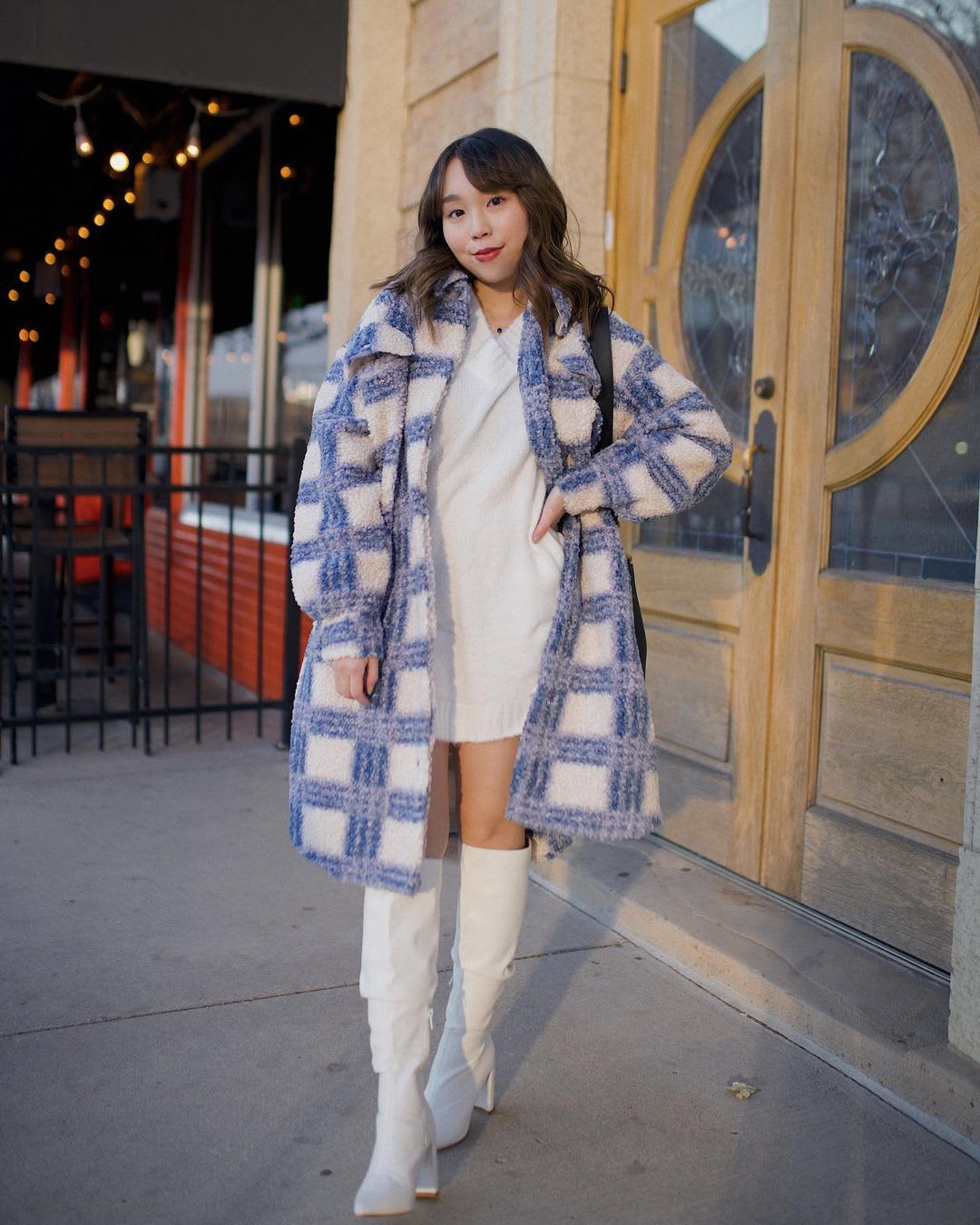 Embrace Cozy Texture with a Fuzzy Plaid Coat Over a Knit Dress — Winter Going Out Outfits