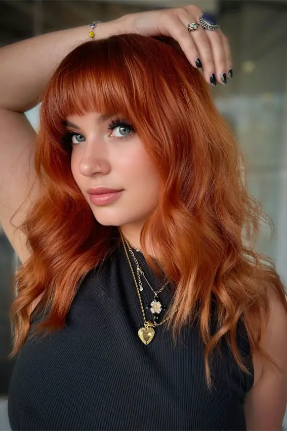 Fiery Copper With Wispy Bangs Fiery Copper With Wispy Bangs — Winter Copper Hair Color
