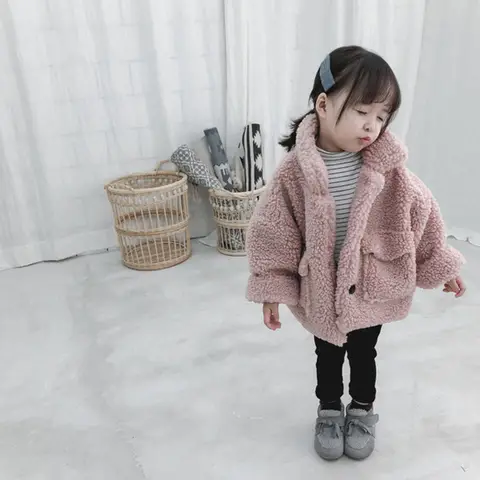 Pink Teddy Fleece Coat with Striped Shirt and Black Pants — Winter Outfits for Kids