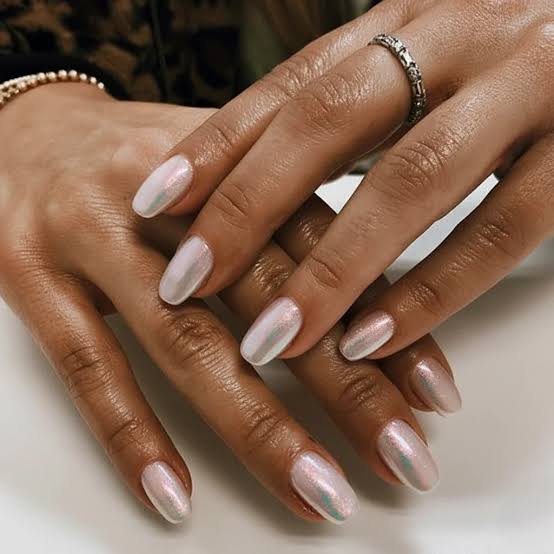 Pale Pink Iridescent Shimmer Almond Nails Pale Pink Iridescent Shimmer Almond Nails — Short Nail Designs