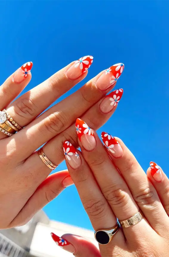 Red French Tips with White Floral Accents Red French Tips with White Floral Accents — Nail Art Ideas