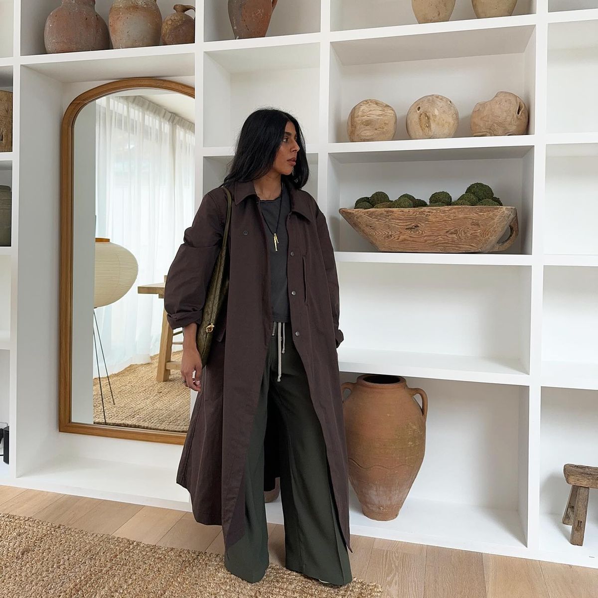 Brown Trench Over Grey Blazer and Black Lace Slip Dress Brown Trench Over Grey Blazer and Black Lace Slip Dress — Brown Coat Outfits