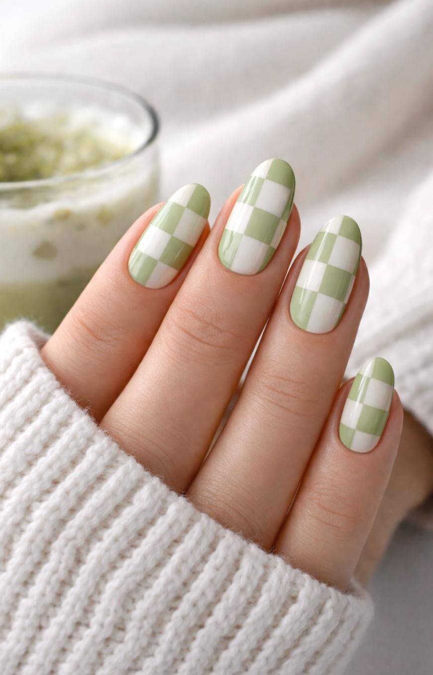 Light Green Gingham Check Oval Nails Light Green Gingham Check Oval Nails — Green Nail Designs