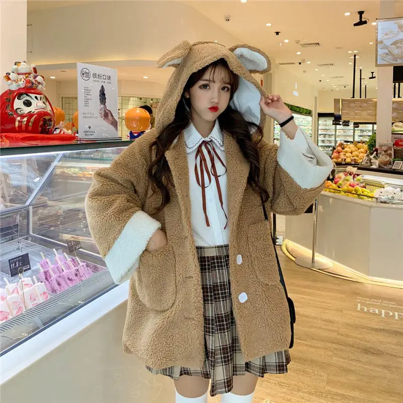 Kawaii Charm: Teddy Fleece Coat with Bunny Ears — Japan Winter Outfits