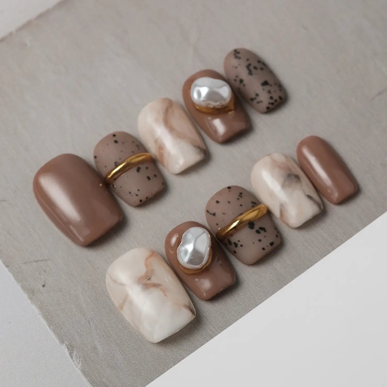 Glossy Matte Brown Marble Pearl Nails Glossy Matte Brown Marble Pearl Nails — Winter Square Nails