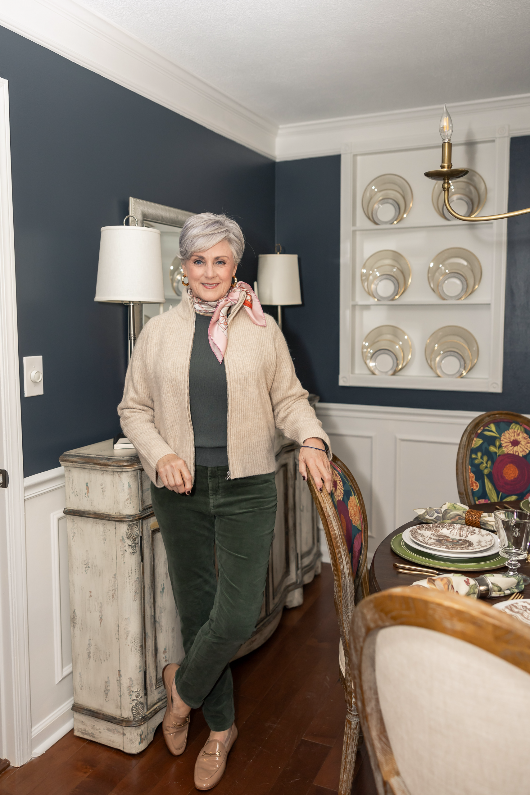 Beige Zip-Up Cardigan with Dark Green Top and Corduroys — Casual Winter Outfits for Women Over 50