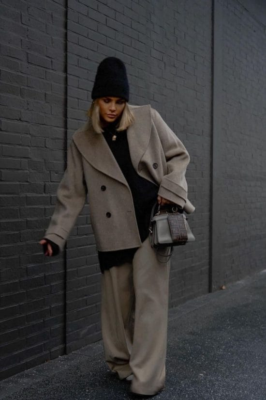 Oversized Grey Blazer with Black Knit and Beige Trousers — Neutral Winter Outfits