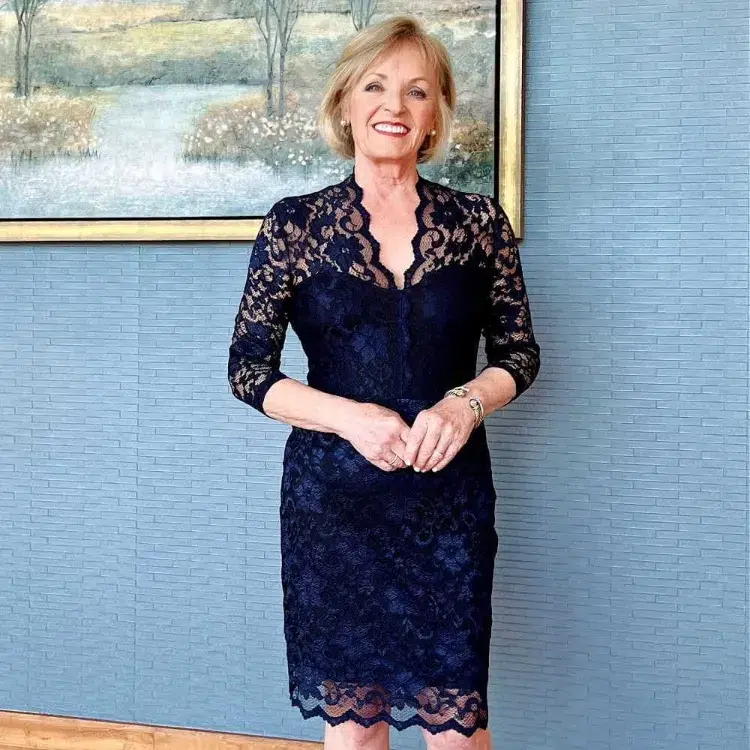 Navy Lace Dress with Pearl Necklaces for Evening Elegance Navy Lace Dress with Pearl Necklaces for Evening Elegance — Winter Outfits for Women Over 60