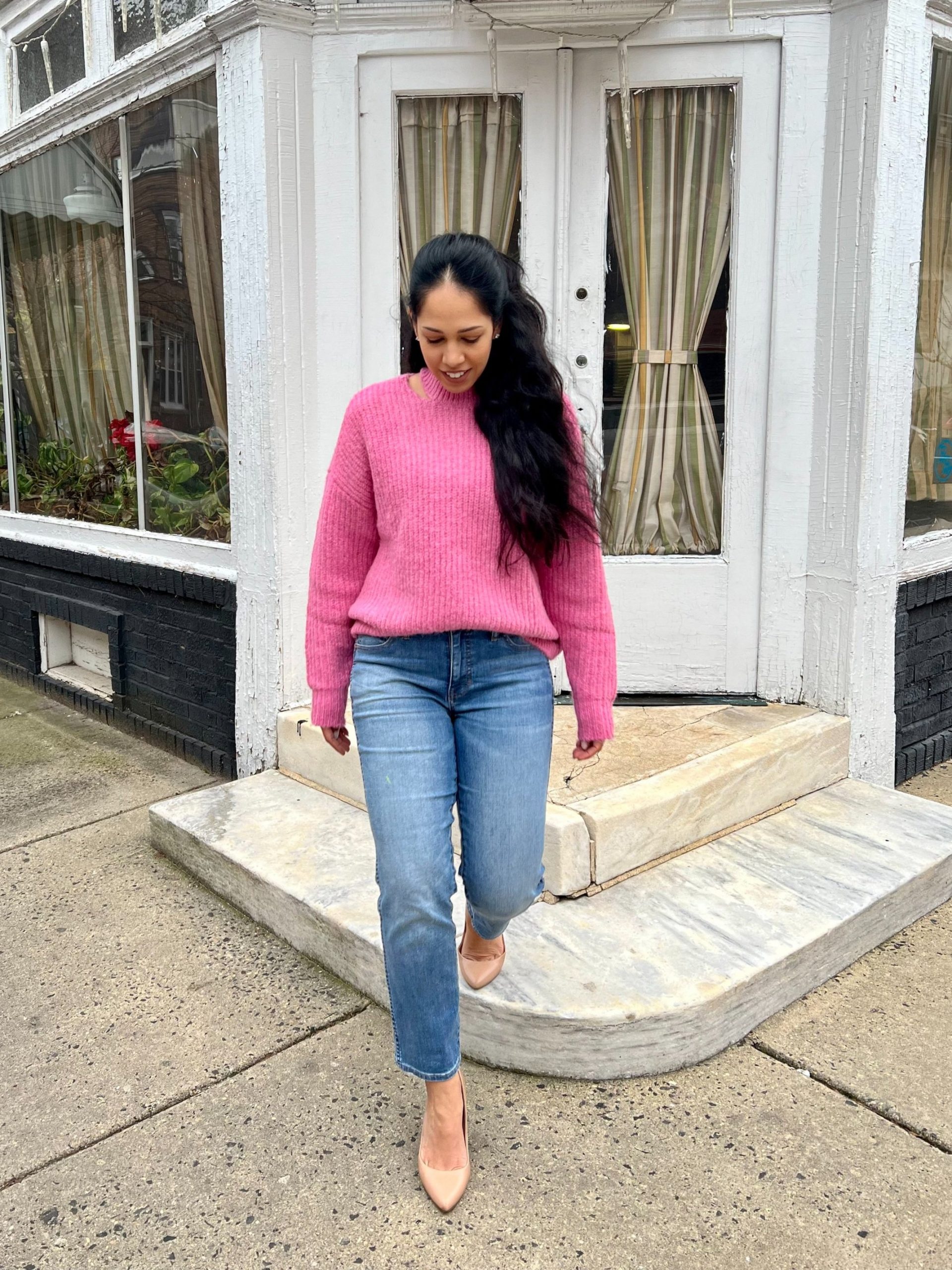 Casual Chic: Bright Pink Chunky Knit with Straight-Leg Jeans Casual Chic: Bright Pink Chunky Knit with Straight-Leg Jeans — February Outfits