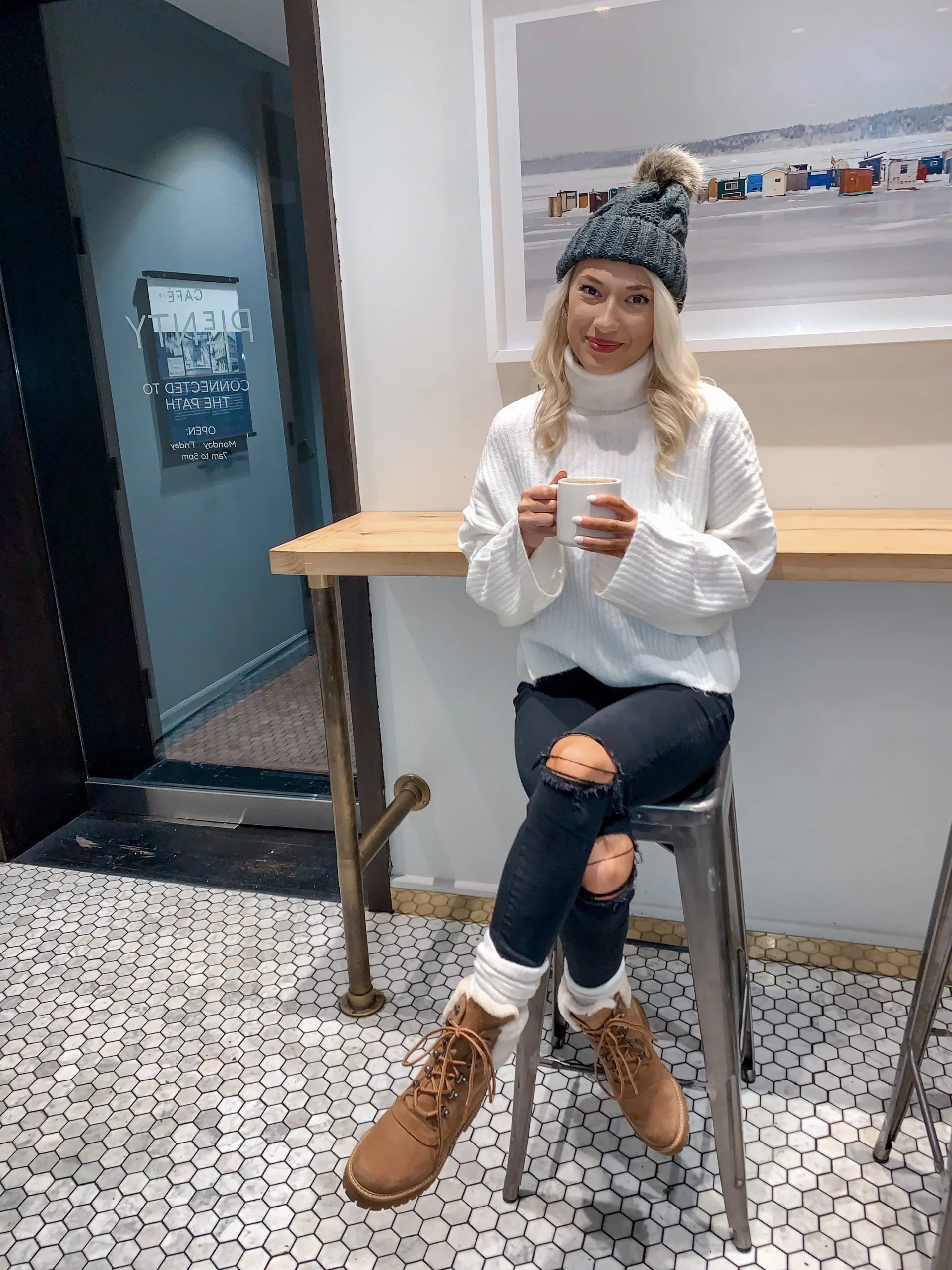 Tan Winter Boots with Ripped Skinny Jeans and a Turtleneck — Winter Boots Outfits
