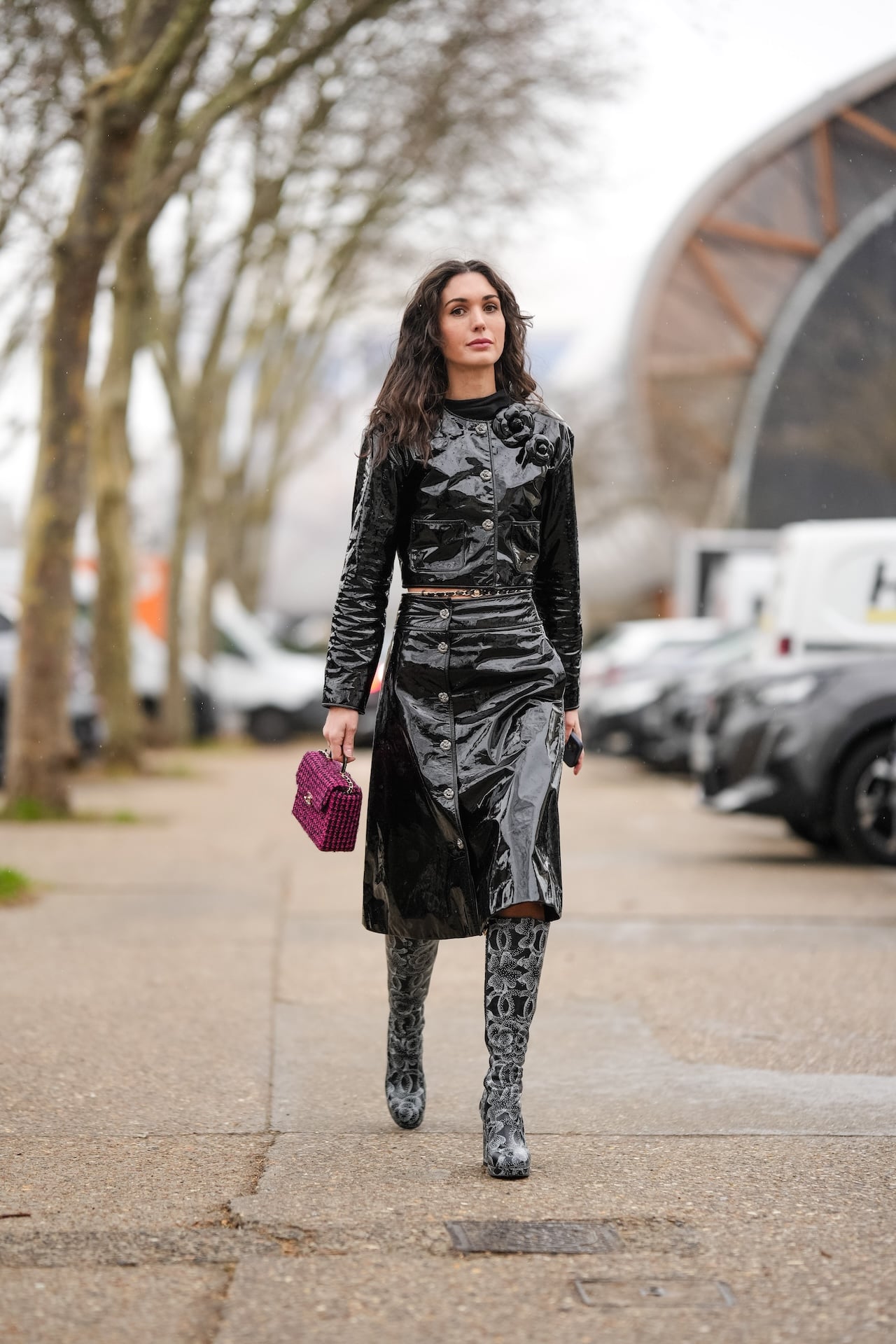 Patent Leather Cropped Jacket with Floral Detail and Midi Skirt — All Black Winter Outfits