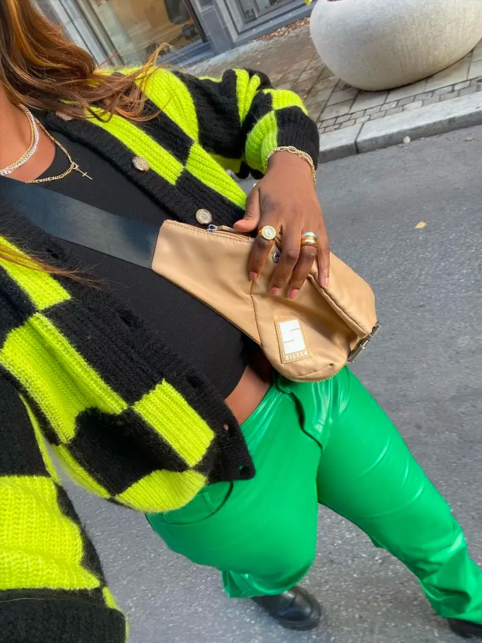 Edgy Bright Green Leather Pants with Checkered Cardigan — Leather Pants Outfits