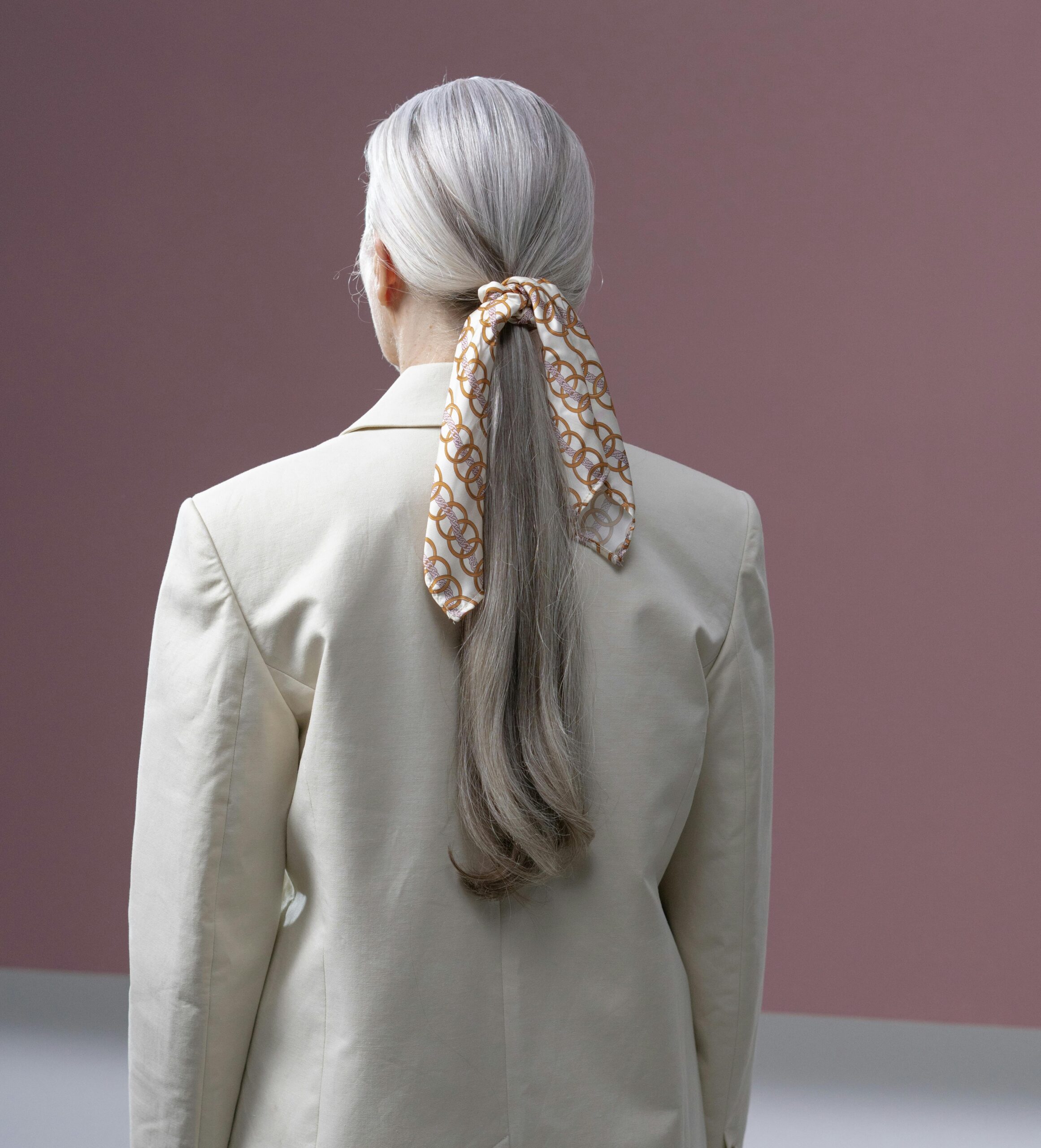 Long Grey Ponytail with Silk Scarf Long Grey Ponytail with Silk Scarf — Winter Hairstyles with Scarf
