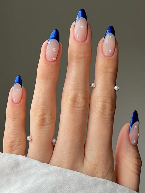 Medium Almond Blue French Pearls Medium Almond Blue French Pearls — Winter Blue Nails