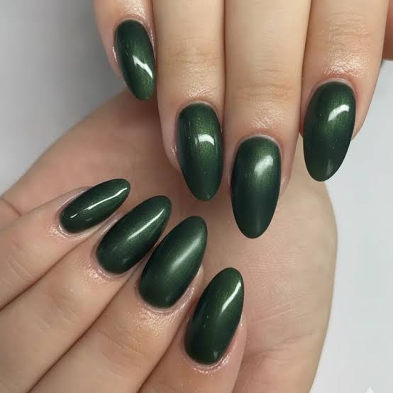 Forest Green Subtle Shimmer Almond Nails — Winter Gel Nail Colors