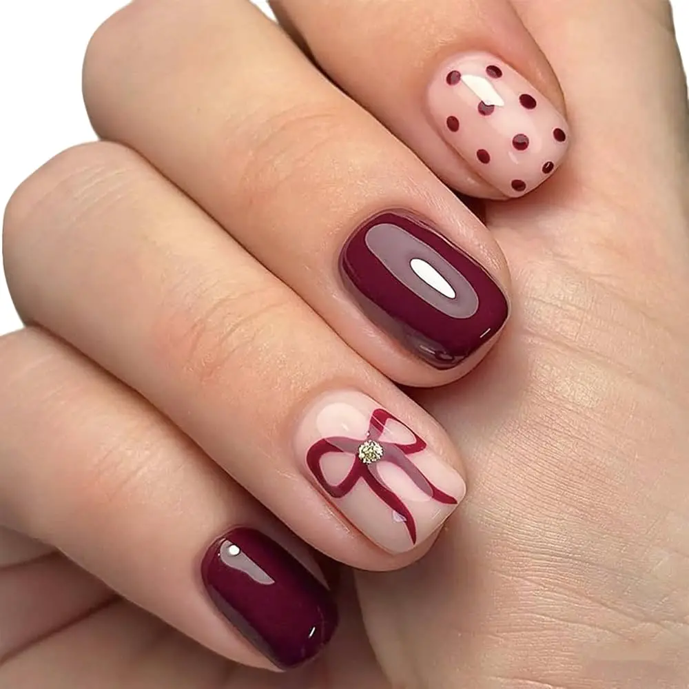 Burgundy Bow Short Square Nails Burgundy Bow Short Square Nails — Cute Nail Designs