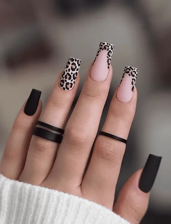 Matte Black and Leopard Print French Tips Matte Black and Leopard Print French Tips — Winter Nail Colors for Women Over 40