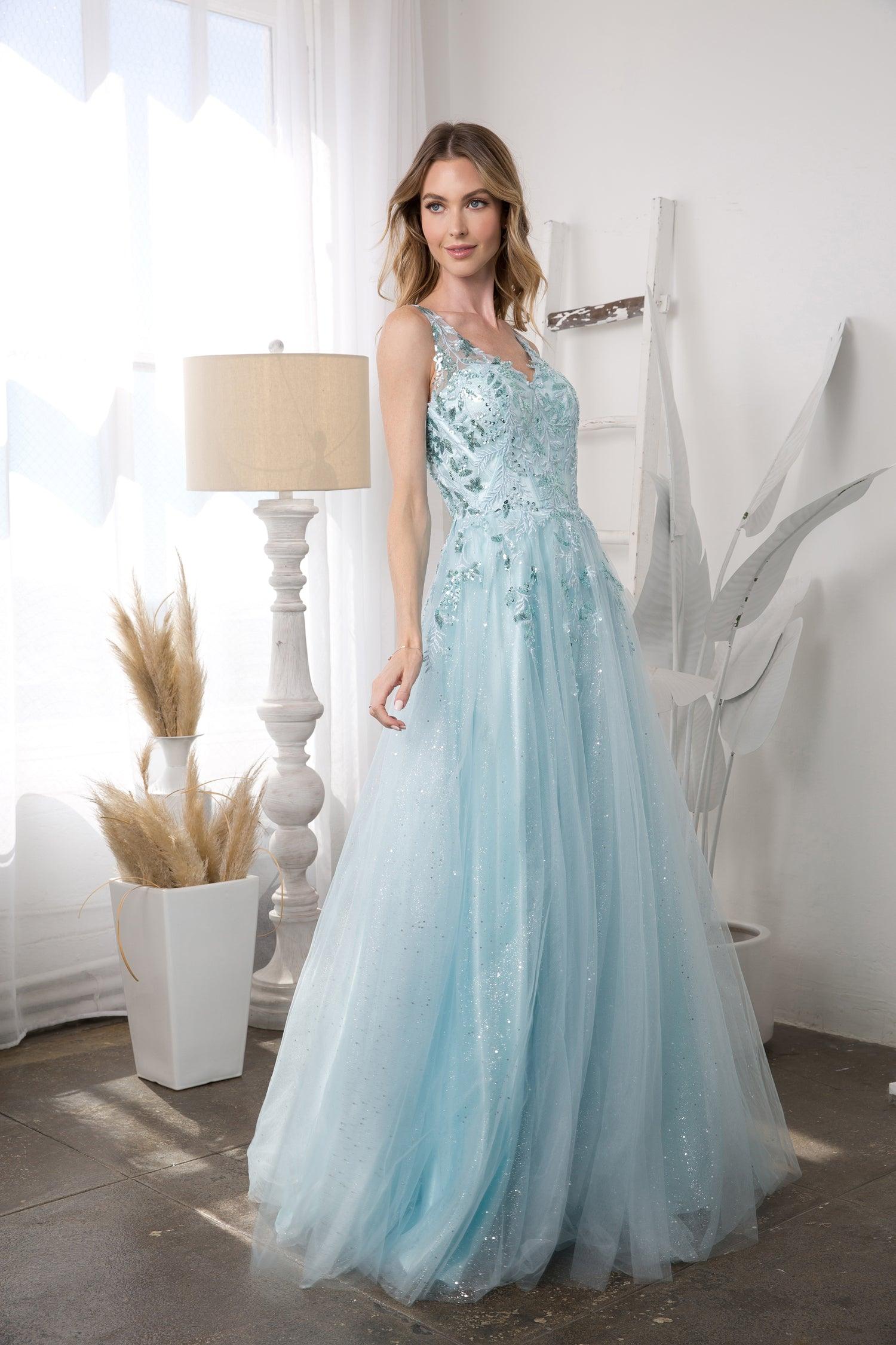 Light Blue Tulle Formal Gown with Sequins Light Blue Tulle Formal Gown with Sequins — Winter Formal Dresses