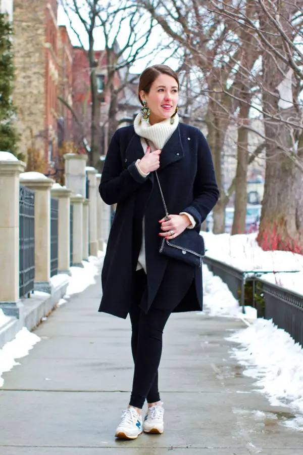 Sophisticated City Walk in a Navy Wool Coat and Sneakers Sophisticated City Walk in a Navy Wool Coat and Sneakers — Chicago Winter Outfits